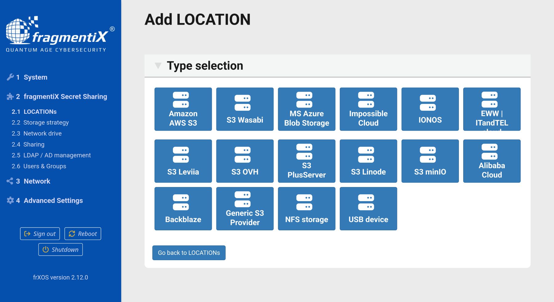 fragmentiX User Interface – Storage LOCATION selection 